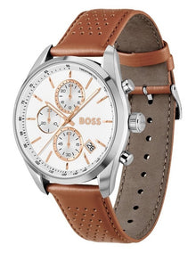 Grand Prix 44 Leather White Dial Watch in Brown