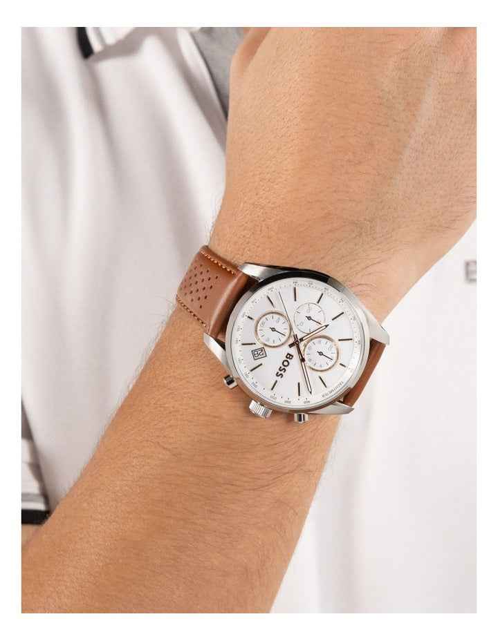 Men's Leather Strap Watch - White Dial