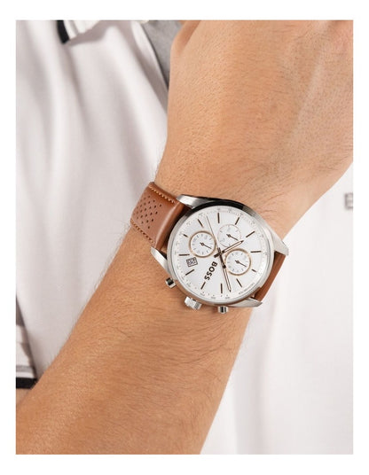 Grand Prix 44 Leather White Dial Watch in Brown