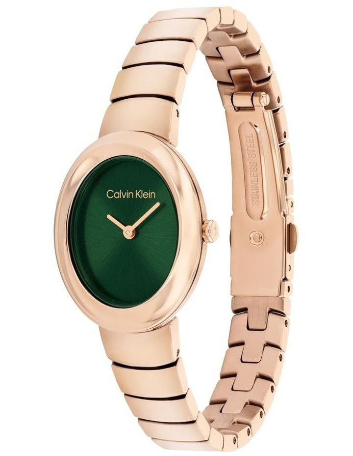 Twisted Bezel Ionic Plated Rose Gold Steel Dial Watch in Dark Green