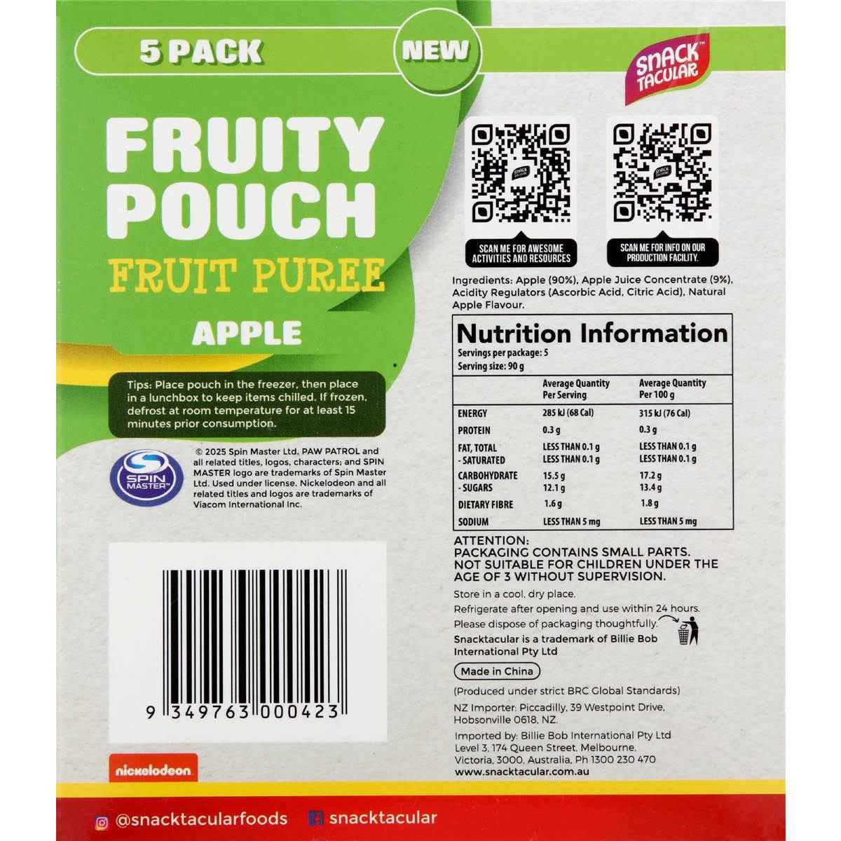 Snacktacular Fruity Pouch Puree Apple 90g x 5 pack