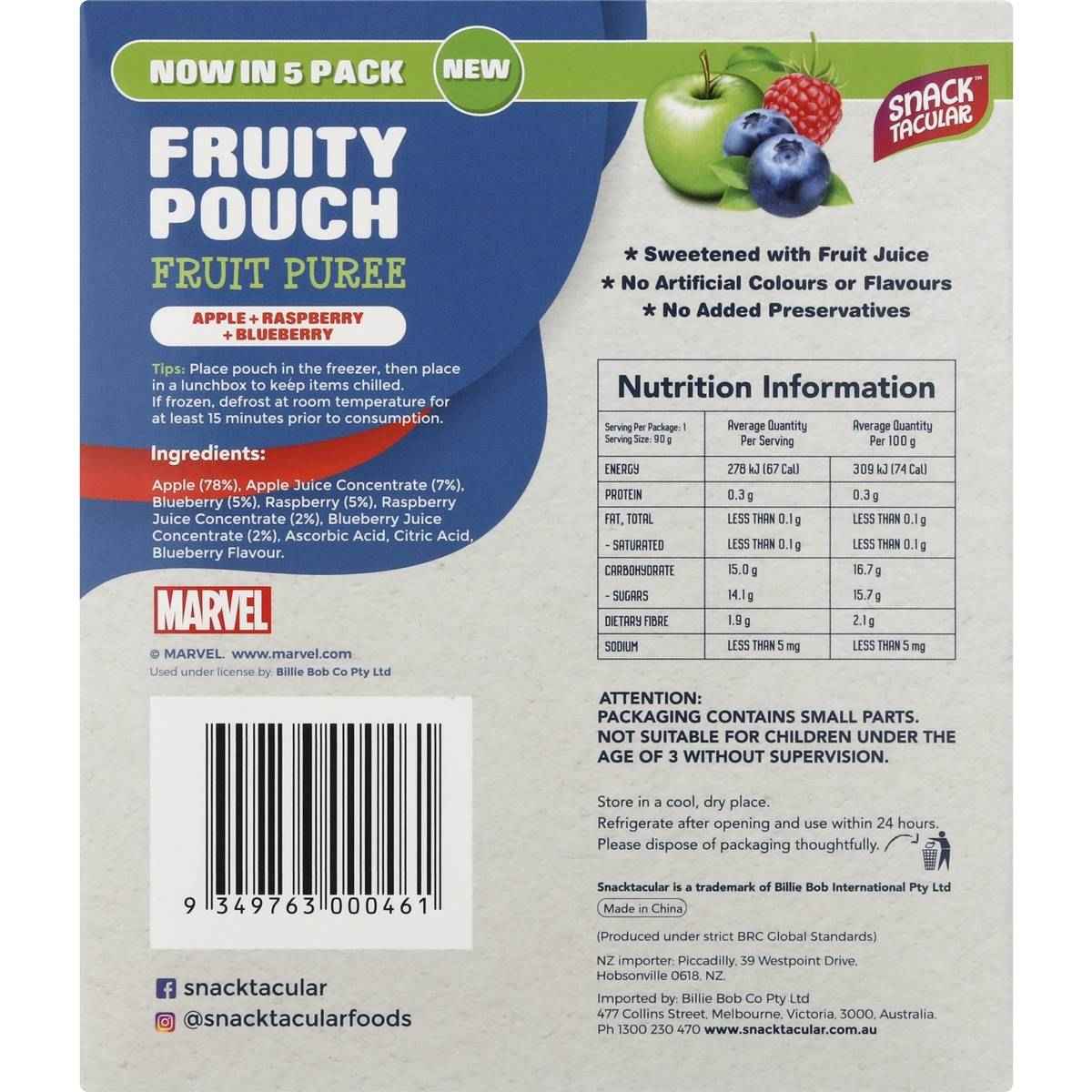 Snacktacular Fruit Pouch Apple, Raspberry & Blueberry Puree 90g x 5 pack