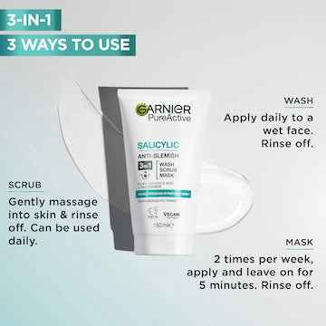 Garnier Pure Active 3-In-1 Clay Wash Scrub & Mask 150mL