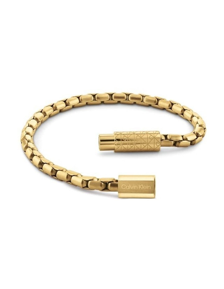 Contoured Barrel Ionic Plated Thin Steel Chain Bracelet in Gold