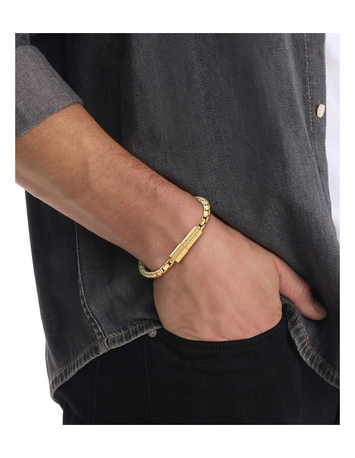 Contoured Barrel Ionic Plated Thin Steel Chain Bracelet in Gold