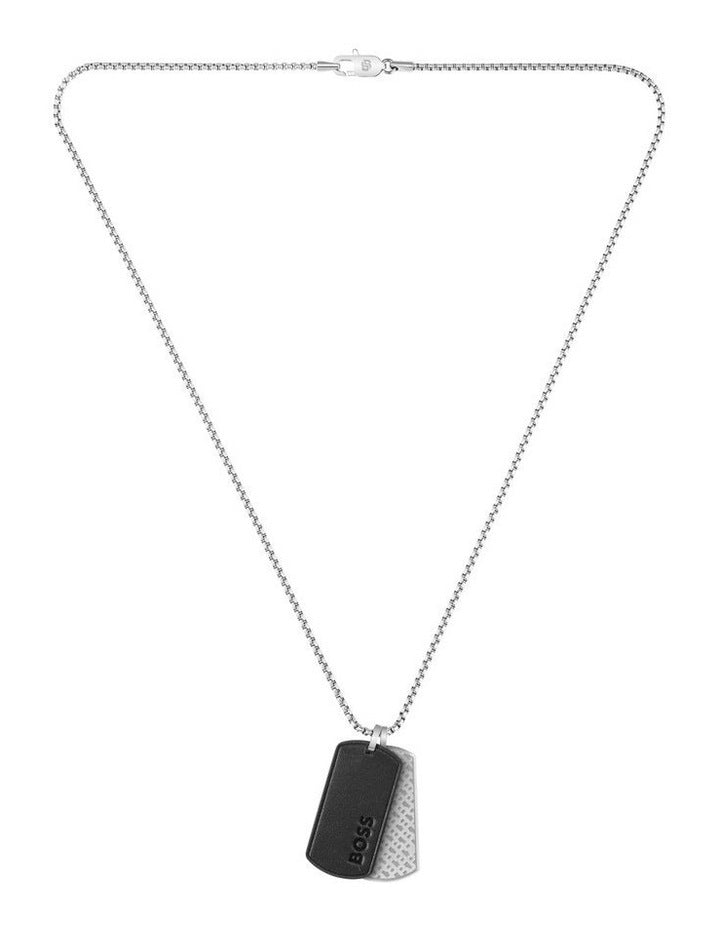 Devon Stainless Steel Leather Pendant With Chain in Black