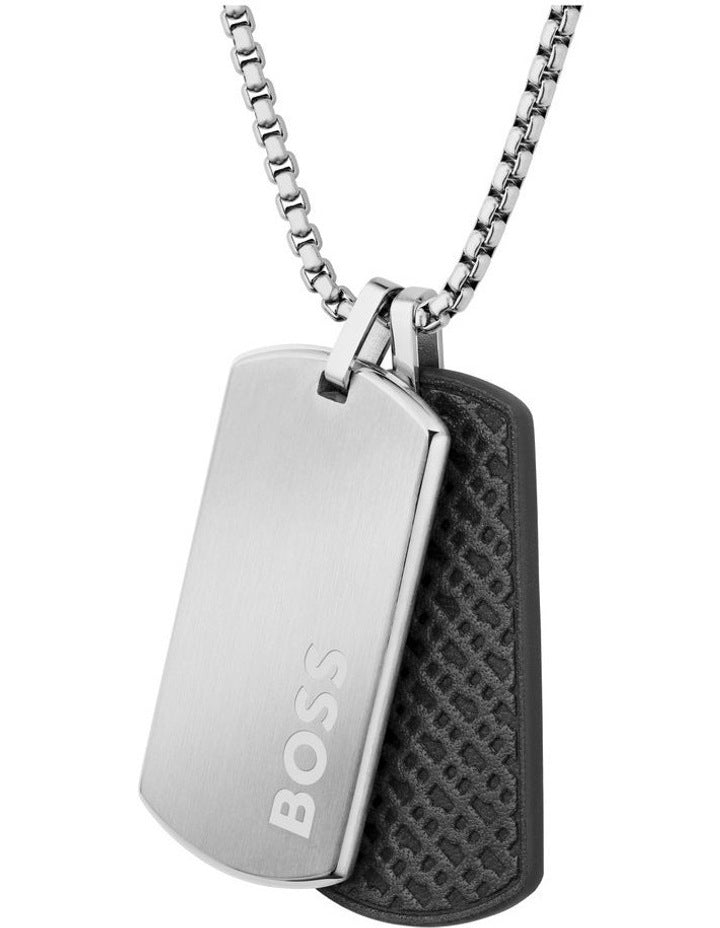 Devon Stainless Steel Leather Pendant With Chain in Black