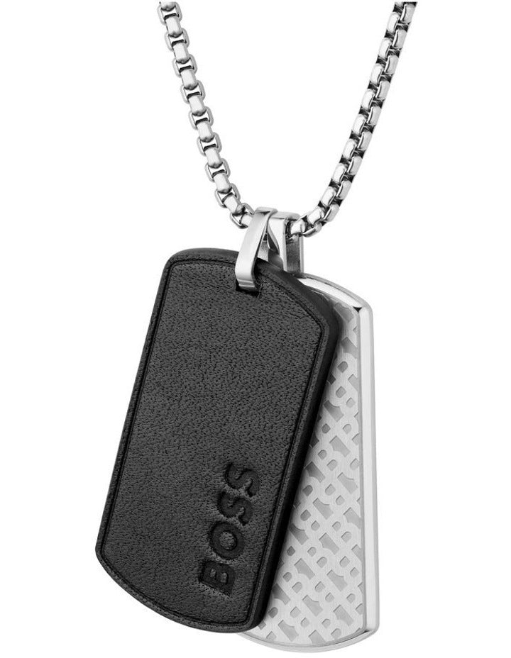 Devon Stainless Steel Leather Pendant With Chain in Black