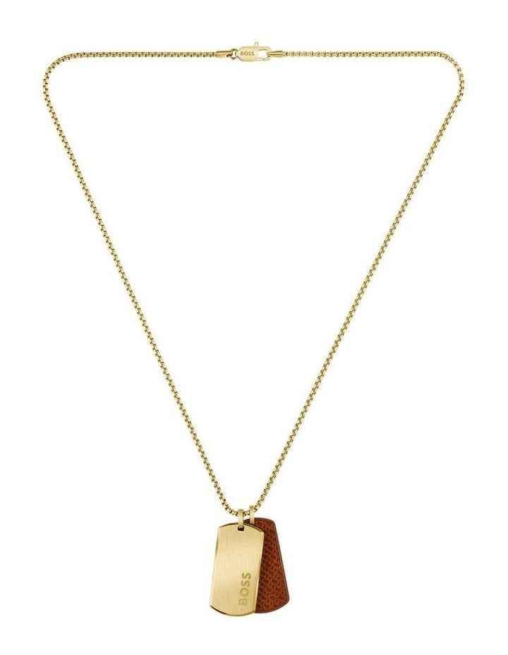 Thin Steel & Brown Leather Pendant Necklace