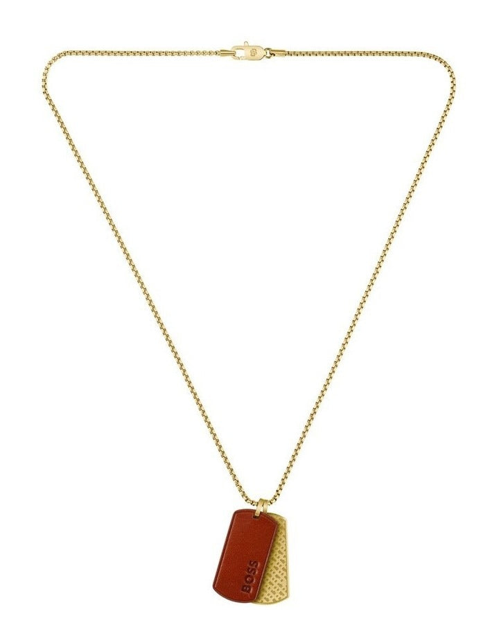 Devon Ionic Plated Thin Steel & Brown Leather Pendant With Chain in Gold