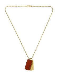 Devon Ionic Plated Thin Steel & Brown Leather Pendant With Chain in Gold