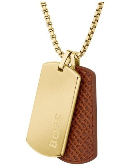 Devon Ionic Plated Thin Steel & Brown Leather Pendant With Chain in Gold