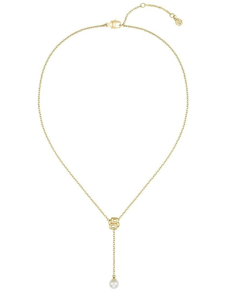 Double Mirelle Ionic Plated Thin Steel & Faux Pearls Dangle Necklace in Gold