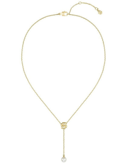 Double Mirelle Ionic Plated Thin Steel & Faux Pearls Dangle Necklace in Gold