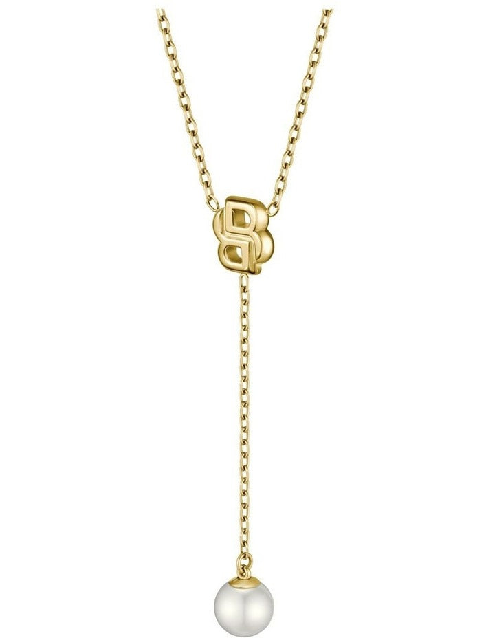 Double Mirelle Ionic Plated Thin Steel & Faux Pearls Dangle Necklace in Gold