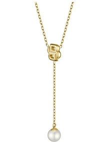 Double Mirelle Ionic Plated Thin Steel & Faux Pearls Dangle Necklace in Gold