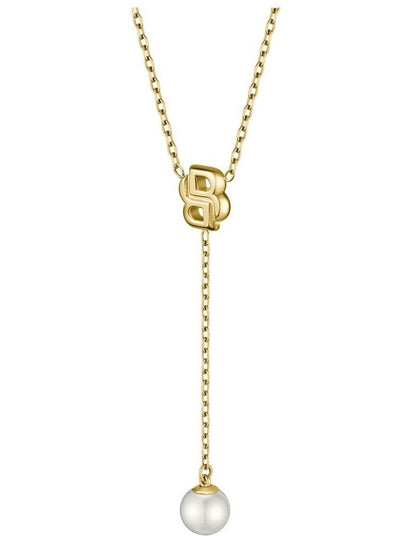 Double Mirelle Ionic Plated Thin Steel & Faux Pearls Dangle Necklace in Gold