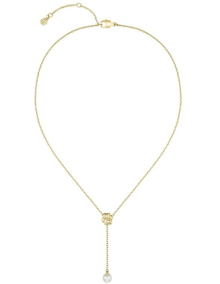 Double Mirelle Ionic Plated Thin Steel & Faux Pearls Dangle Necklace in Gold