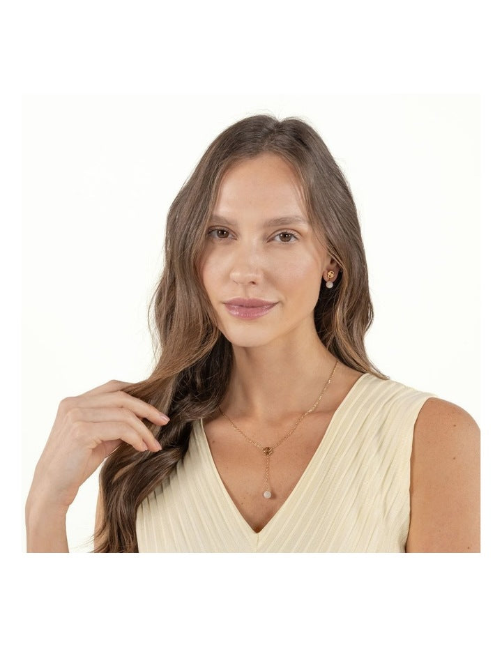 Double Mirelle Ionic Plated Thin Steel & Faux Pearls Dangle Necklace in Gold