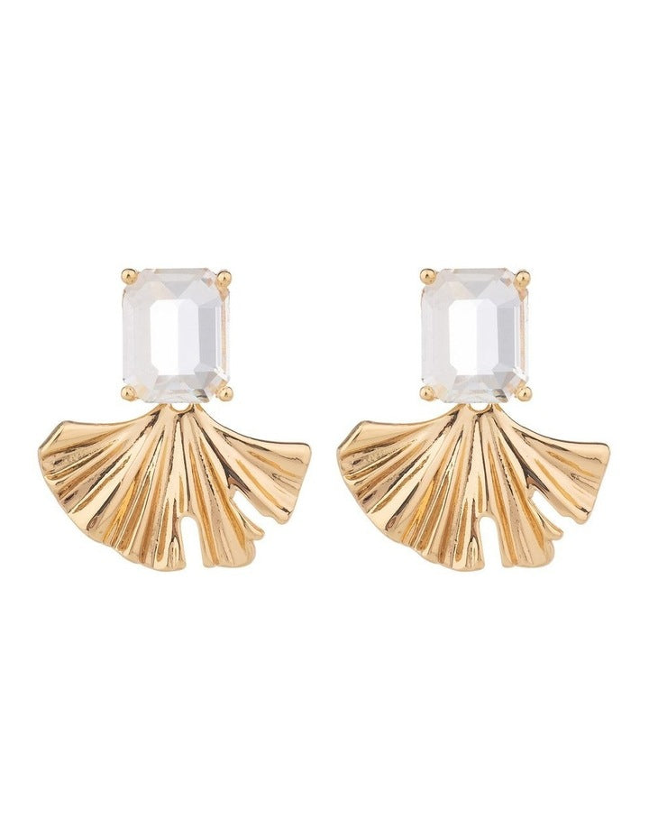 Rectangualr CZ Stud With Fan Drop Earrings GJEE099M in Gold
