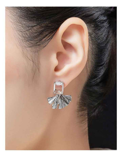 Rectangualr CZ Stud With Fan Drop Earrings GJEE099M in Silver