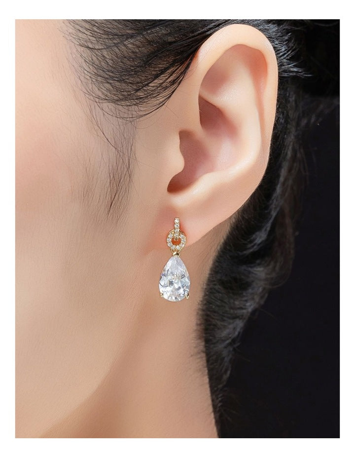 CZ Link Earrings With Pear Drop GJEE110M in Gold