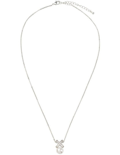 Chain Necklace With Cz Cross And Pearl Gjne004M in Silver