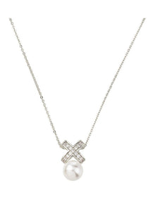 Chain Necklace With Cz Cross And Pearl Gjne004M in Silver