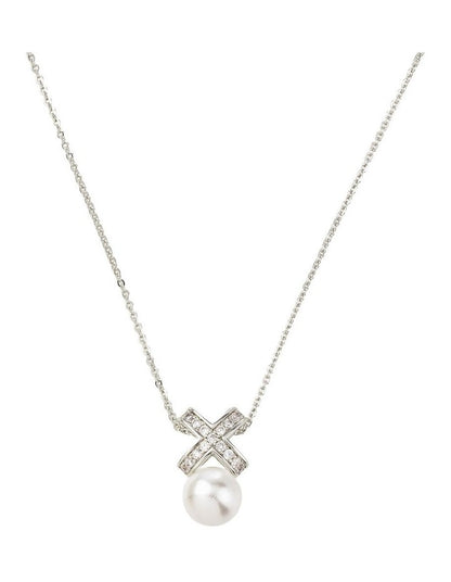 Chain Necklace With Cz Cross And Pearl Gjne004M in Silver