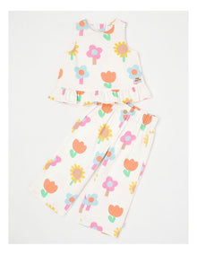 Willow Peplem Top & Pant Set in Happy Flower Print in Cream