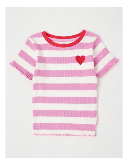 Rib T-Shirt with Heart Placement in Wide Stripes Pink
