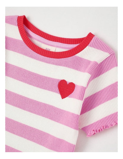 Rib T-Shirt with Heart Placement in Wide Stripes Pink