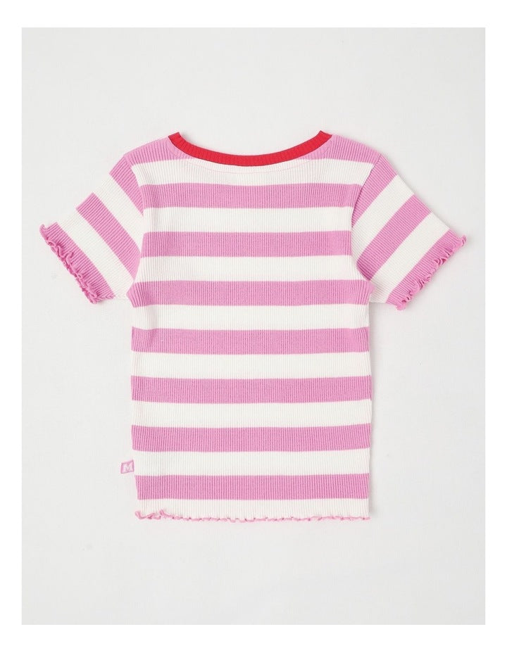 Rib T-Shirt with Heart Placement in Wide Stripes Pink