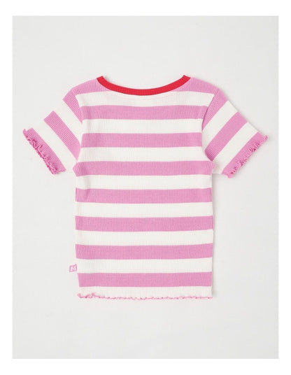 Rib T-Shirt with Heart Placement in Wide Stripes Pink