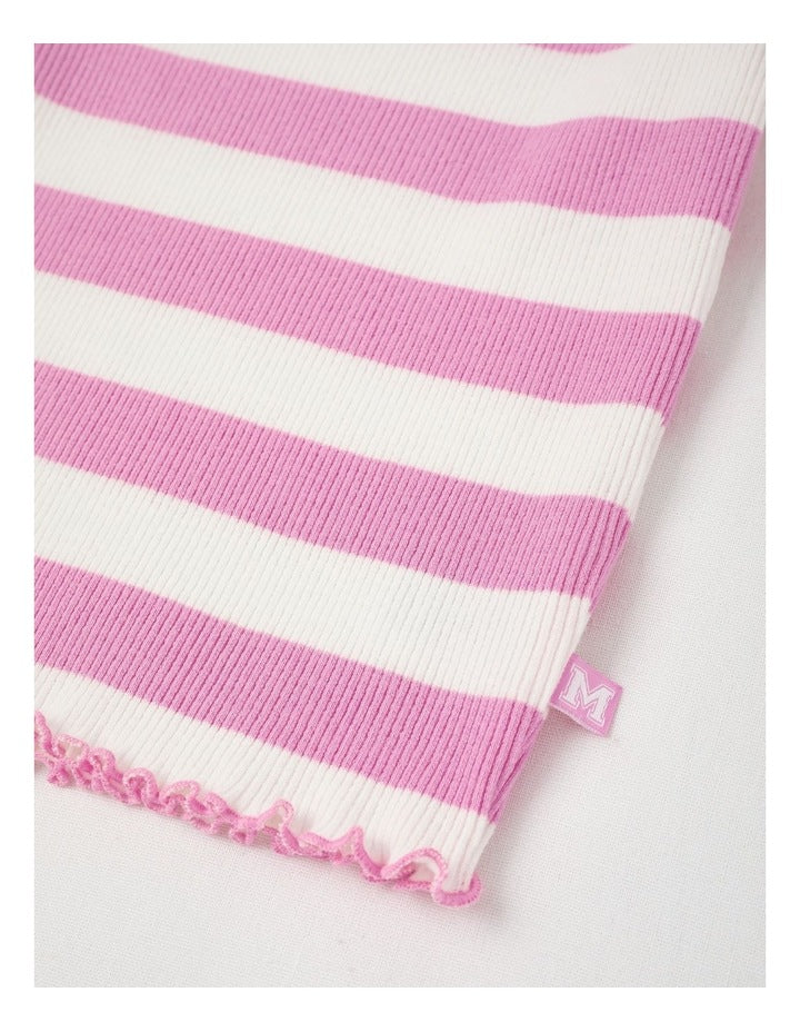 Rib T-Shirt with Heart Placement in Wide Stripes Pink