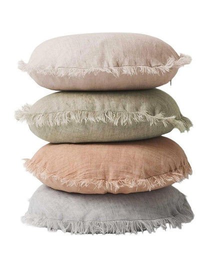 Vintage Linen Fringe Round Cushion in Mulberry