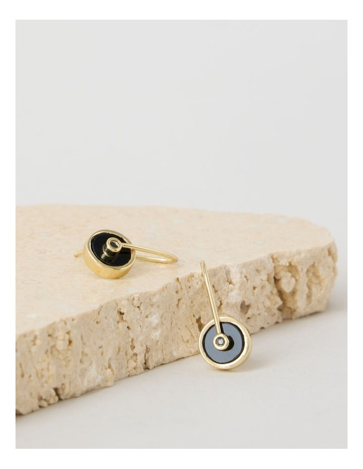 Enamel Disc Hook Earrings in Gold and Black