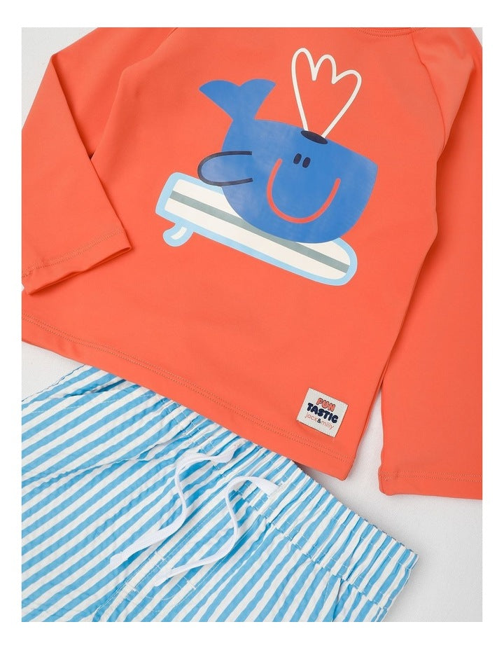 Murray Surfing Whale Rashvest and Boardshort Set in Orange