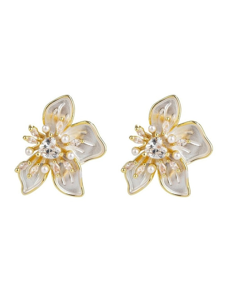 Enamel Look Fower Earrings With Micro Pearls GJEC084M in Gold