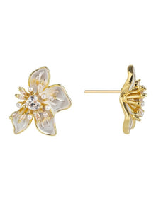 Enamel Look Fower Earrings With Micro Pearls GJEC084M in Gold