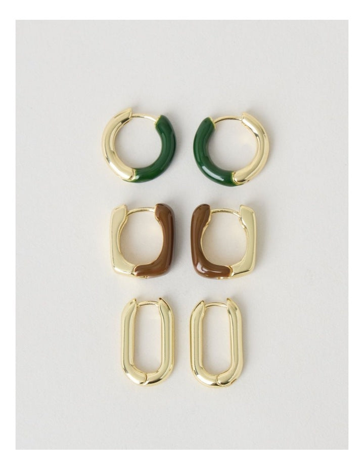 Gold and Enamel Earrings in Multi 3 Pack
