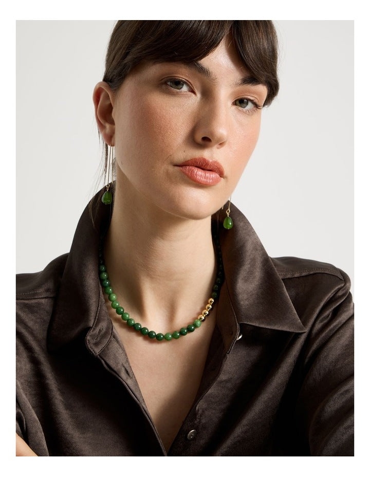 Stone Beaded Necklace in Forest and Gold