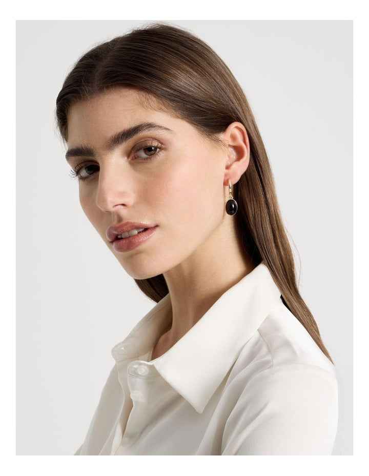 Gold-Tone Drop Earrings with Black Stone