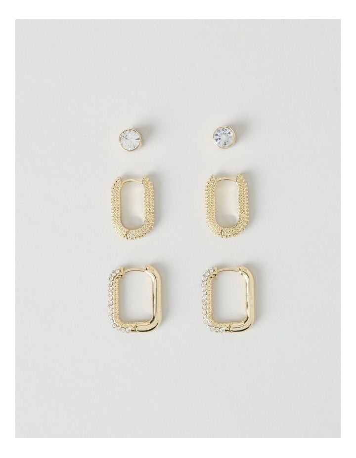 Diamante Hoops and Studs 3-Pack in Gold