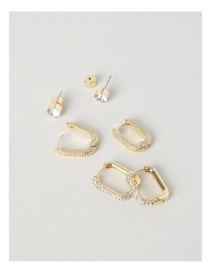 Diamante Hoops and Studs 3-Pack in Gold