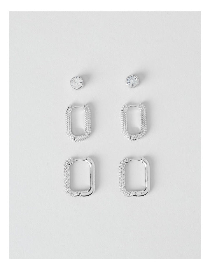 Diamante Hoops and Stud 3 Pack in Silver