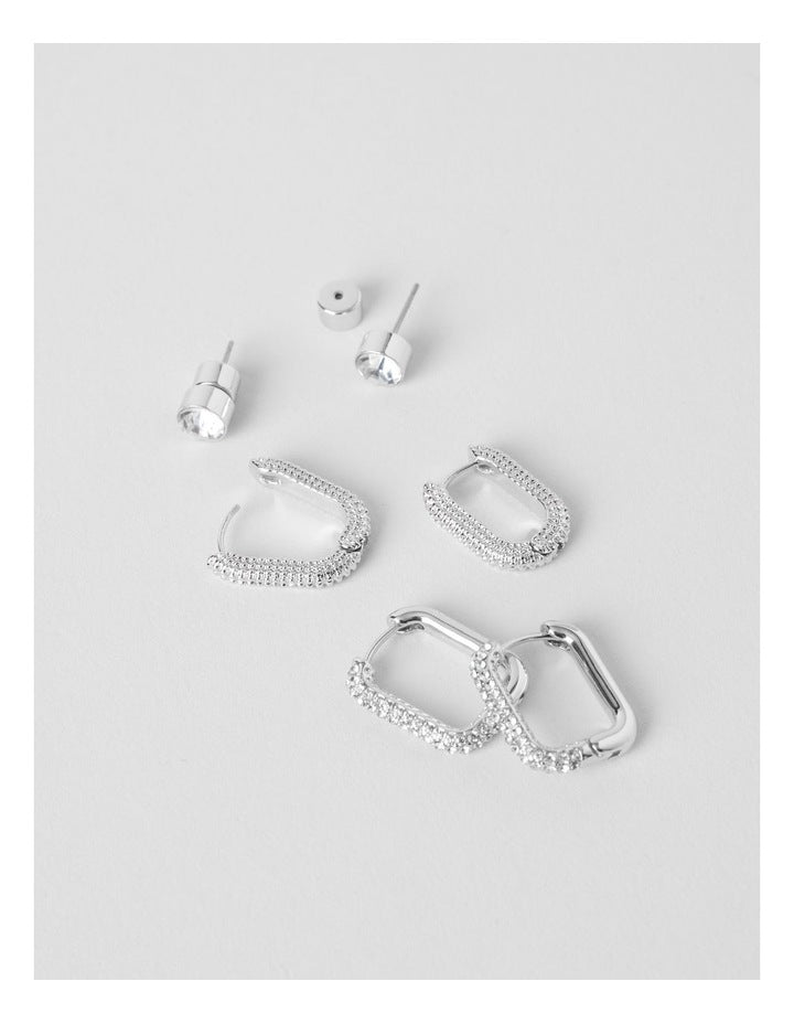 Diamante Hoops and Stud 3 Pack in Silver