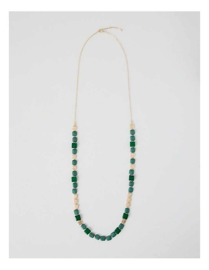 Green Square Bead Long Necklace