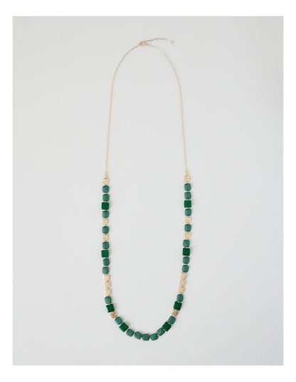 Green Square Bead Long Necklace