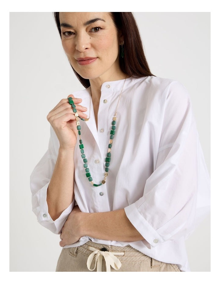 Green Square Bead Long Necklace
